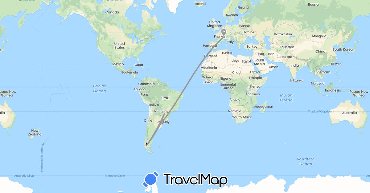 TravelMap itinerary: driving, plane, hiking, boat in Argentina, Switzerland (Europe, South America)