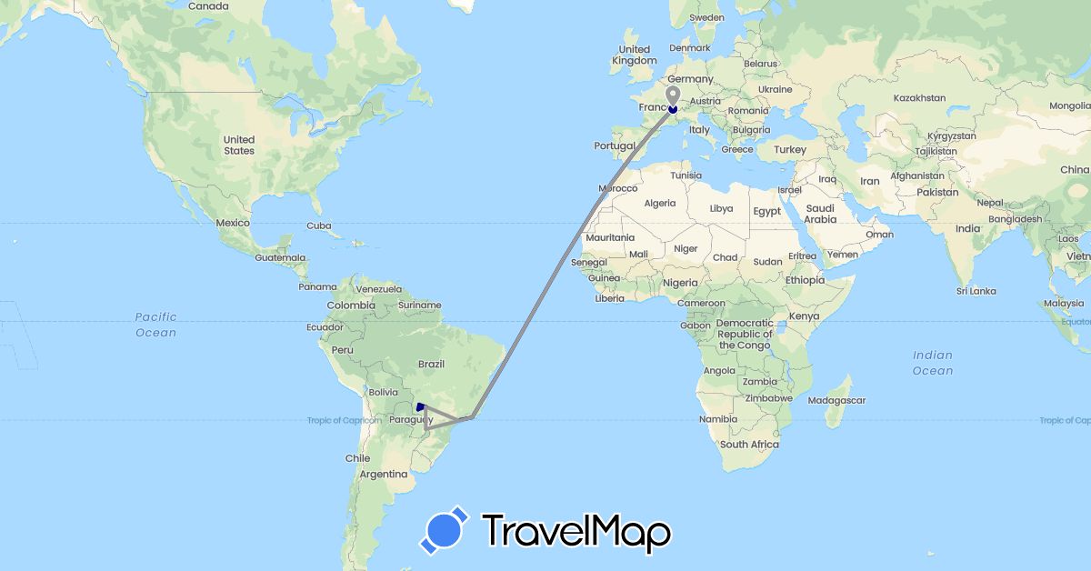 TravelMap itinerary: driving, plane in Brazil, Switzerland (Europe, South America)