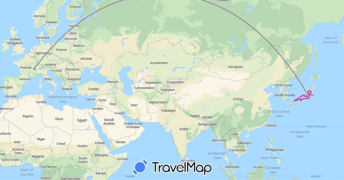 TravelMap itinerary: driving, plane, train, hiking in Switzerland, Japan (Asia, Europe)