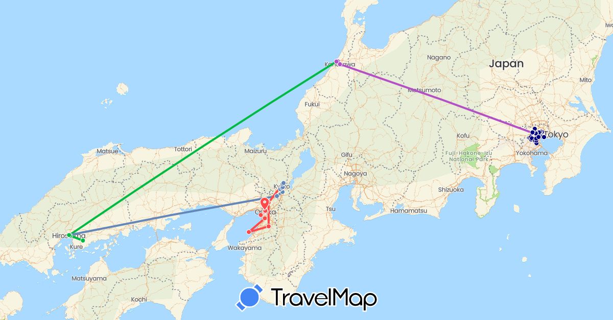TravelMap itinerary: driving, bus, cycling, train, hiking in Japan (Asia)