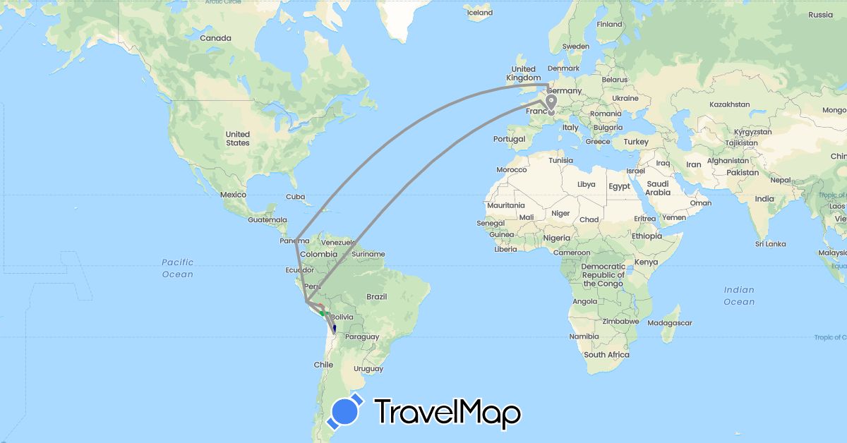 TravelMap itinerary: driving, bus, plane, hiking in Bolivia, Switzerland, France, Netherlands, Panama, Peru (Europe, North America, South America)