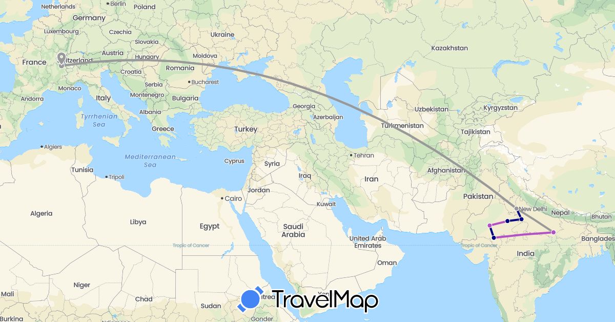TravelMap itinerary: driving, plane, train in Switzerland, India (Asia, Europe)