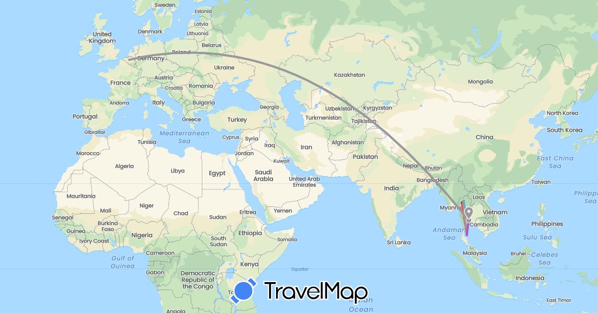 TravelMap itinerary: plane, train, hiking, boat, motorbike in Belgium, Thailand (Asia, Europe)